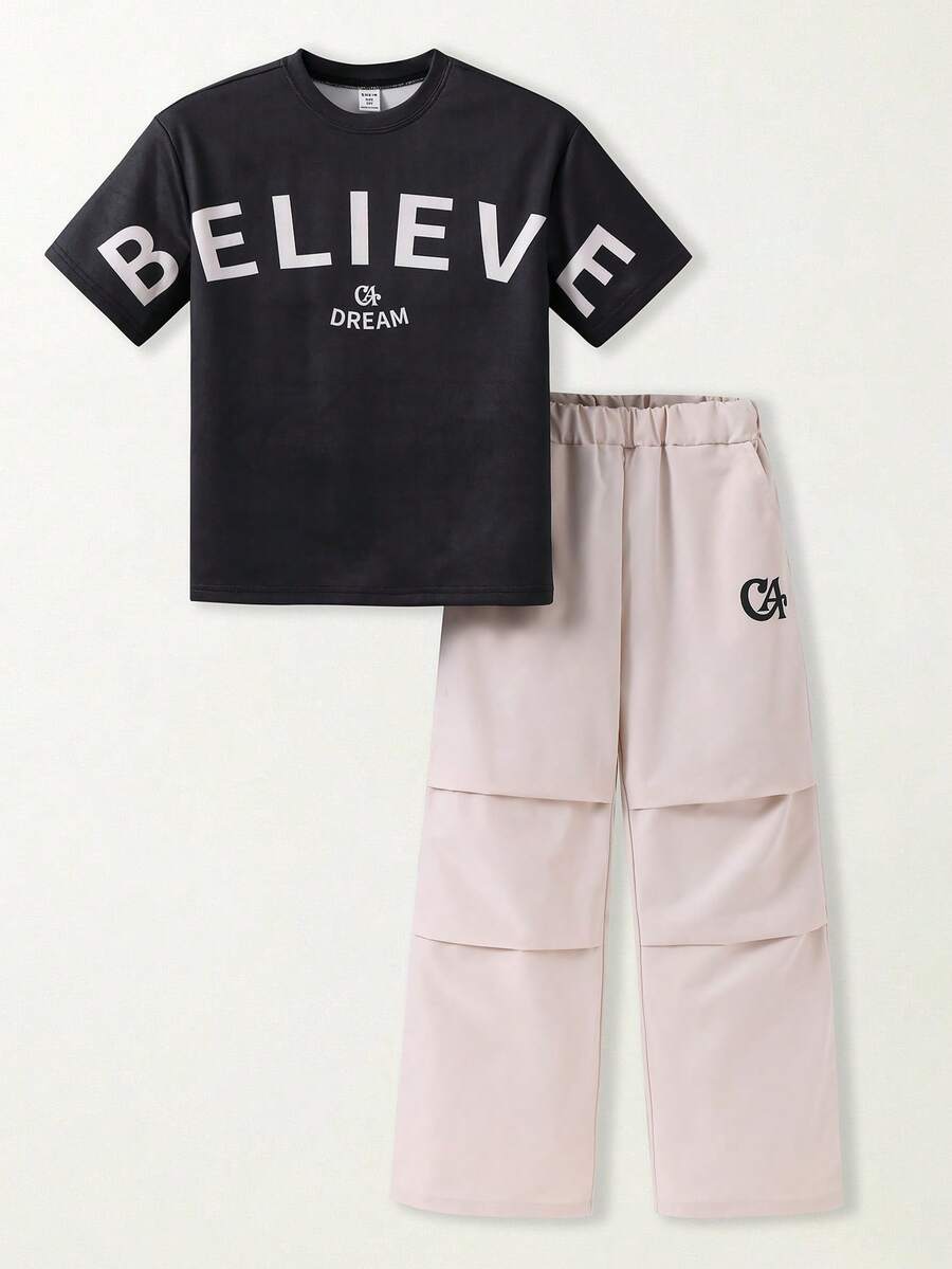 SHEIN Casuvi Kids 青少年男孩字母印花T恤與長褲2件套 - 黑色 - 查看 1