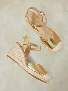 Styleloop أحذية نسائية، بني، أحذية من القش وحبل القنب مطرزة بالزهور، صنادل بكعب إسفين ومنصة، ملابس بوهيمية للعطلات تعزز الطول - الذهبي - مشاهدة 3