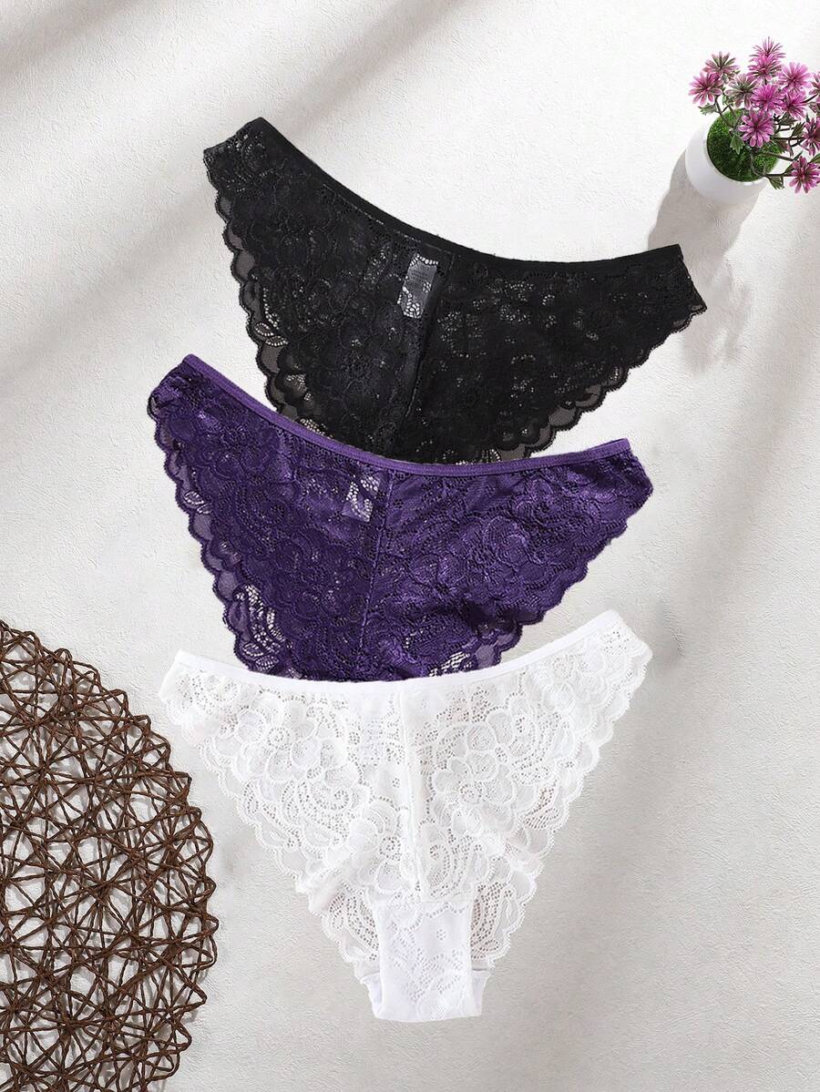 SHEIN 3件組極簡浪漫蕾絲女款三角內褲 - 彩色 - 查看 1