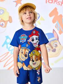 SHEIN | PAW Patrol 卡通印花圆领短袖T恤和短裤休闲套装，适合小男孩 - 藏蓝色 - 查看 5