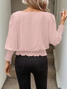 SHEIN LUNE 女款休閒純色捲袖襯衫，基礎秋冬日常穿著衣物，休閒風 - 粉色 - 查看 2