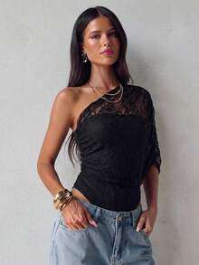 Aloruh Body de punto asimétrico con hombro asimétrico y patchwork de encaje negro elegante para mujer, Y2K, vacaciones, ir al trabajo, salir, Halloween, sexy, gótico - Negro - Ver 6