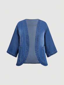 Breezaya Plus Size Women's Pocket Casual Boho Daily Dates Brunch Denim Jacket Blue Autumn - Blue - View 3