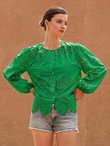 Frievida Women's Round Neck Embroidered Positioned Edge Long Sleeve Blouse Vacation Green Summer Boho Elegant - Olive Green - View 4