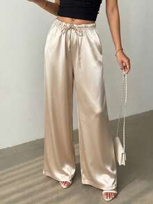 SHEIN Franclia 黑白人字紋彈性收腰女款休閒寬腿長褲 - 卡其色 - 查看 7
