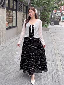 Bijouette 大尺碼女款波點簡約可愛甜美風休閒優雅度假細肩帶洋裝，適合約會與約會之夜，滿版黑白配色夏季款 - 黑與白 - 查看 12
