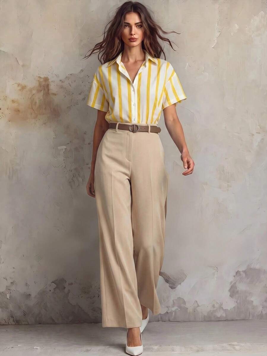 Franclia New White Beige Short Sleeve Shirt And Solid Color Pants 2 Pieces Set For Women, Spring/Summer Office Smart Casual - Multicolor - View 1