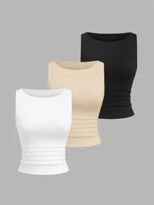 Sweetra Women's Solid Color Pleated Casual Scoop Neck Tank Top Set - Multicolor - View 1