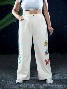 Rick and Morty X SHEIN Plus Cartoon & Letter Graphic Straight Leg Pants - Beige - View 8