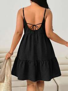 SHEIN EZwear Plus Size Women's Casual Black Ruffle Hem Spaghetti Strap Dress - Black - View 3