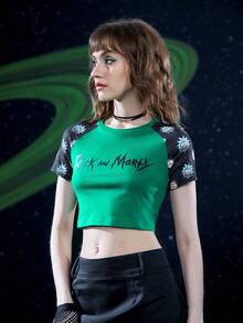 Rick and Morty X SHEIN Camiseta crop con estampado de letra y dibujos animados de manga raglán - Multicolor - Ver 6