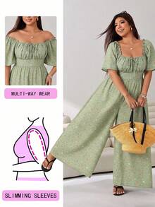 Solflare Plus Size Women's Summer Square Neck All-Over Print Pleated Casual Daily Wear Jumpsuit Wide Leg Pants - Olive Green - View 1
