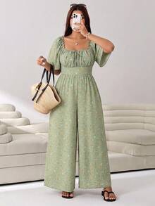 Solflare Plus Size Women's Summer Square Neck All-Over Print Pleated Casual Daily Wear Jumpsuit Wide Leg Pants - Olive Green - View 3
