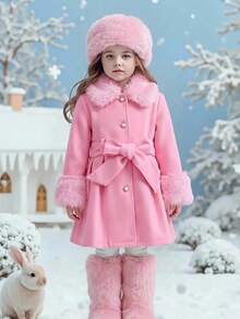 SHEIN Emery Rose Kids 少女秋冬百搭粉色毛領保暖內裡外套，溫暖優雅可愛，適合校園與假期 - 粉色 - 查看 9