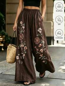 Zayélia Women's Summer Casual Daily Comfortable Floral Print Coffee Color Loose Long Pants - Coffee Brown - View 5