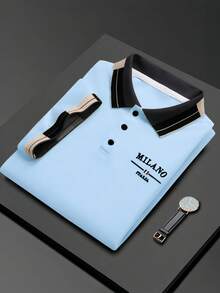 Calvornis 男士珠飾刺繡羅紋領短袖休閒 Polo 衫 - 藍色 - 查看 2