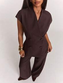 SHEIN BAE 女款優雅時尚鈕扣西裝外套與寬鬆西裝褲套裝，西裝外套背心褲套裝，V領背心套裝，棕色極簡兩件式 - 棕色 - 查看 7