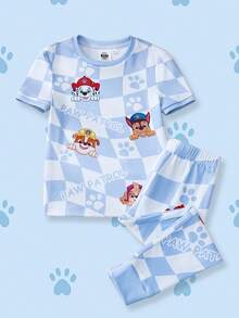SHEIN | PAW Patrol 小男孩簡約印花圓領短袖T恤與長褲套裝 - 藍白色 - 查看 1