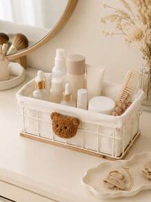 Zazumi 1pc Cute Bear‑Decor Wire Storage Basket, Wooden Base Metal Organizer Bin With Linen Liner,Open‑Top Container For Cosmetics Stationery Remote Control Sundries, Dresser Shelf Nightstand Decor, Kawaii Household Storage Solution - default - View 2