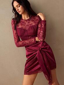 Willow Rêve Vestido de mujer con patchwork de encaje, plisado de espina de pescado y lazo, Vestidos Dor Holiday, Vestido elegante, Vestidos de club, Vestidos de graduación, Vestido de invitada de boda - Burdeos - Ver 3