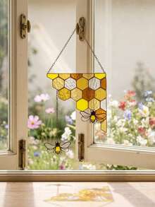 Cirelle 1 pieza Atrapasol de vidrio teñido con diseño de panal de abeja y abeja, panel colgante para ventana, decoración de pared, adorno de acrílico amarillo con cadena para cocina, esquina de ventana, jardín y decoración del hogar - Multicolor - Ver 2