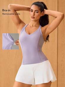 OutZeal Gym Top Women Sports Tank Yoga Workout Cool Touch Bra-In With Removable Pads Halter Vest - Mauve Purple - View 5
