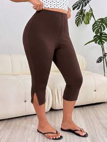 Muchica Chocolate Brown Plus Size Fitted Cropped Leggings With Side Slit Hem - Chocolate Brown - View 6
