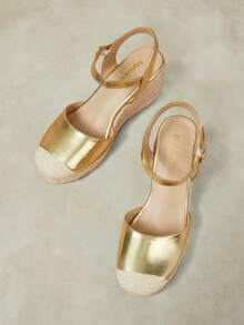 Styleloop أحذية نسائية، بني، أحذية من القش وحبل القنب مطرزة بالزهور، صنادل بكعب إسفين ومنصة، ملابس بوهيمية للعطلات تعزز الطول - الذهبي - مشاهدة 9