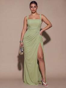 SHEIN BAE CURVE 大尺碼女款優雅綠色細肩帶抓褶洋裝 - 綠色 - 查看 4