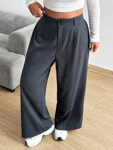 Vionelle Plus Size Loose Straight Wide Leg Pants With Pockets, Solid Color Fall Cloth For Women - Dark Grey - View 6