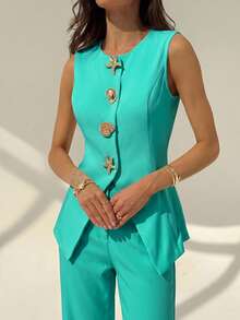 Aloruh Rompi Blazer Wanita dengan Dekorasi Bintang Laut Logam - Teal Blue - View 4