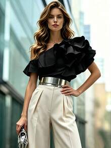SHEIN French-Style Light Luxury Apricot Top: Women's Open Shoulder Blouse With Dramatic Ruffle - Black - View 5