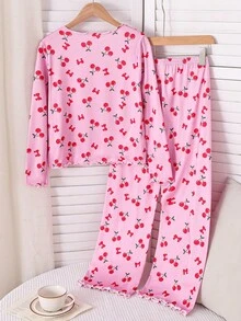 Girls' Fashionable Comfortable Cute Cherry Print Long Sleeve Pants Milk Silk Fabric Loungewear Set - Pink - View 3