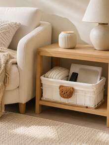 Zazumi 1pc Cute Bear‑Decor Wire Storage Basket, Wooden Base Metal Organizer Bin With Linen Liner,Open‑Top Container For Cosmetics Stationery Remote Control Sundries, Dresser Shelf Nightstand Decor, Kawaii Household Storage Solution - default - View 8