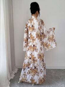Rafferiza 女款阿拉伯風紗麗印花幾何水波紋白色與棕色寬鬆立領喇叭袖保守 A 字長裙秋季 - 黃色 - 查看 2