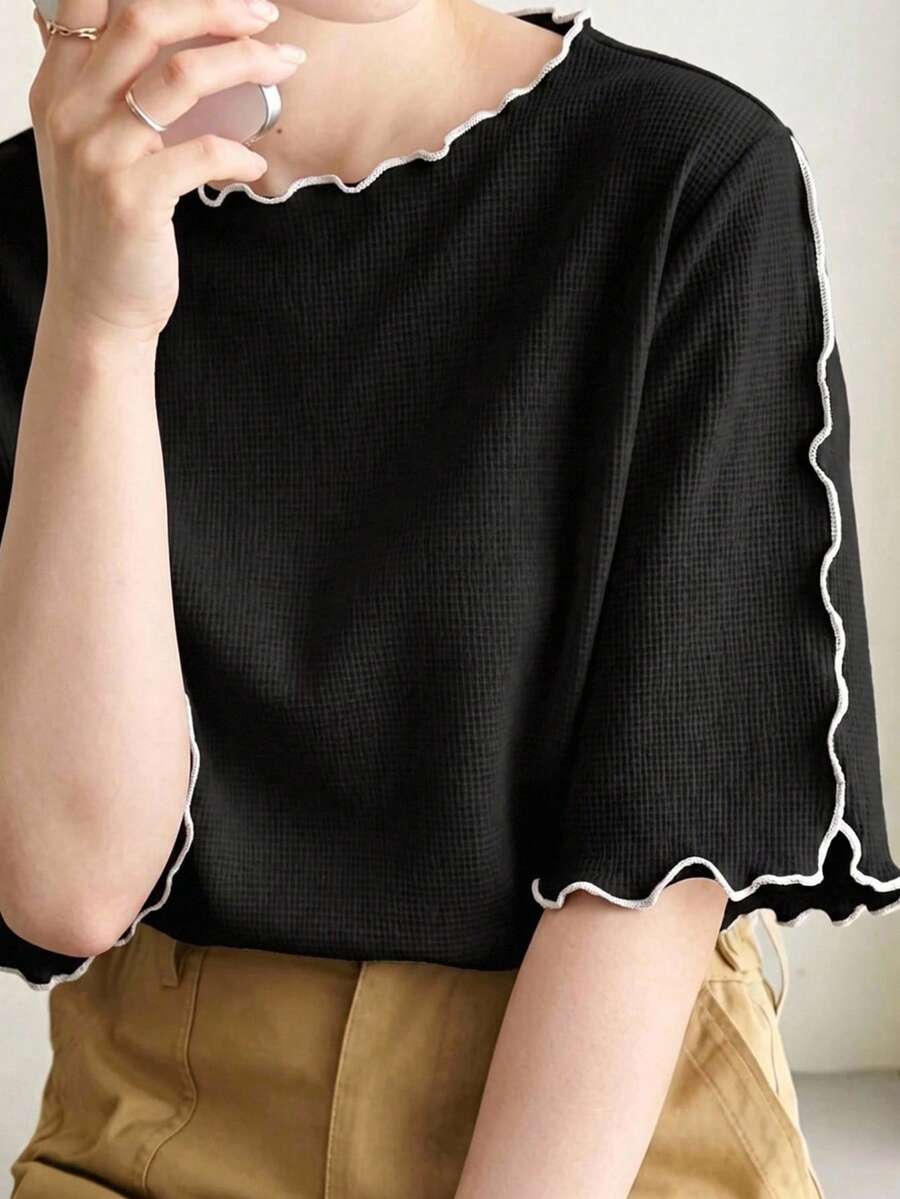 Dazy Plus Colorblock Patchwork Loose Casual Short Sleeve Black Versatile Spring Summer New T-Shirt - Black - View 1