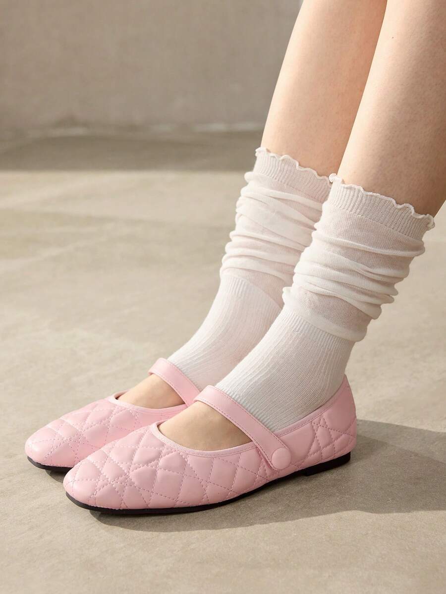 MOTF WOMEN'S QUILTED SQUARE TOE FLAT SHOES FOR CHRISTMAS DAILY WEAR CLASSIC OLD MONEY - Baby Pink - View 2