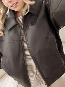 Ximena Robles Ximena Robles Women's Casual PU Leather Collar Long Sleeve Regular Jacket Y2k - Coffee Brown - View 3