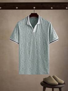 Manfinity Homme Men's Blue Geometric Textured V-Neck Contrast Trim Polo Shirt - Green - View 5