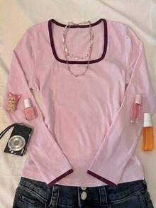 SHEIN Tween Girl Simple Contrast Color Square Neck Long Sleeve T-Shirt For Weekend Outings - Pink - View 3