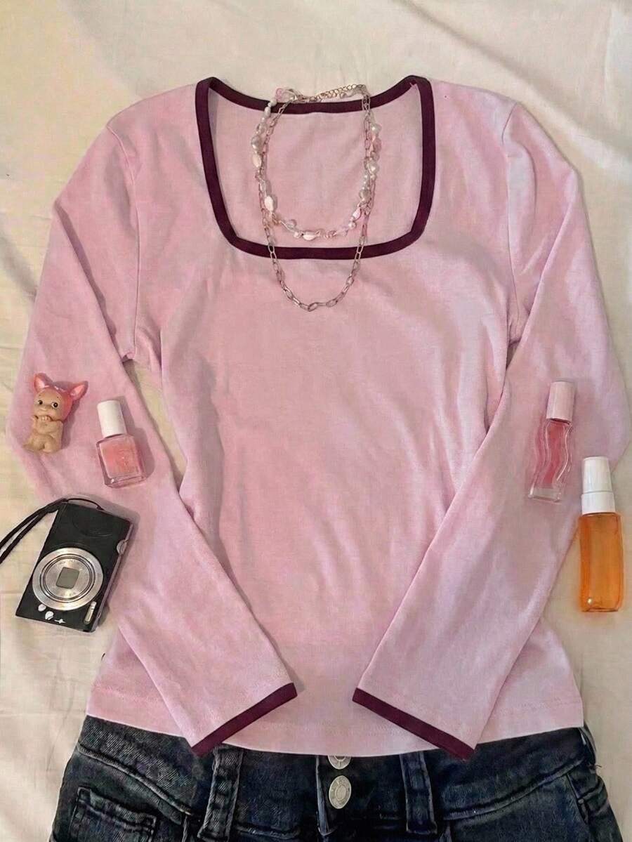 SHEIN Tween Girl Simple Contrast Color Square Neck Long Sleeve T-Shirt For Weekend Outings - Pink - View 1