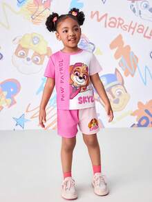 SHEIN | PAW Patrol Young Girls Colorblock Round Neck Short Sleeve Cute Print Casual Summer T-Shirt Set - Pink - View 6