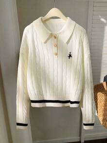 Franclia Sweater Rajut Lengan Panjang dengan Kerah Polo Bordir Kepala Kuda Sederhana dan Trim Blok Warna untuk Musim Gugur dan Musim Dingin - Krem - View 6