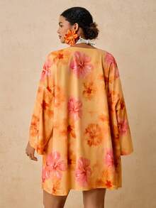 Travachic Baju Penutup Wanita Ukuran Besar Motif Ikan Laut Aprikot, Kimono Longgar Lengan Sedang, Motif Romantis Musim Semi Awal Pantai Pemandian Air Panas - MultiWarna - View 3