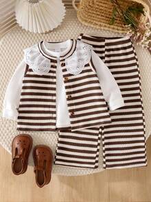 3pcs Genkimix Young Girl Ruffle Collar Fitted Solid Color Base Layer Top + Lace Collar Fashion Casual Front Button Vest + Fashion Casual Solid Color Straight Leg Pants - Brown - View 10