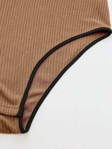 GlowEve CURVE Plus Size Elegant Casual Commute Travel Outfit Fashion Khaki Black Colorblock Decor Slimming Ribbed Bodysuit For Women - Khaki - View 4