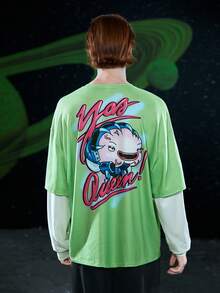 Rick and Morty X SHEIN 1pc Cartoon & Letter Graphic Drop Shoulder 2 In 1 Tee - Lime Green - View 2
