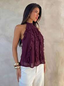 Aloruh Women's Solid Color Ruffle Halter Neck Top, Fashionable Versatile Daily Wear,Purple-Red Top,Teacher Outfits,Casual,Commuting,Work Tops,Summer,Office - Red Violet - View 2