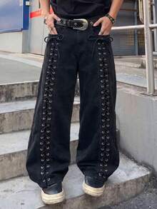 ROMWE MEN Casual Men's Avant Fashionable Commuter Loose Fit  Strap Jeans - Black - View 3