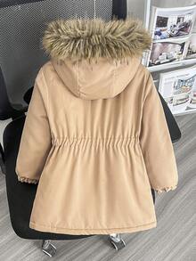 SHEIN 女童中長版收腰連帽加厚棉襖外套，保暖內裡、厚填充、鈕扣開襟、大毛領、修身版型 - 卡其色 - 查看 2